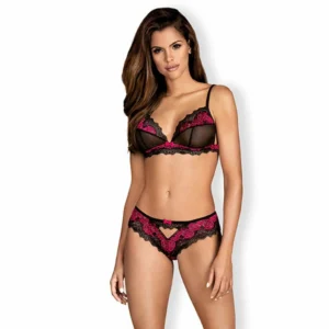 Obsessive Tulia Set L/XL - Two-Piece Mesh & Lace Lingerie, Pink Accents