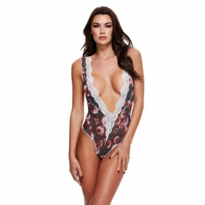 Baci Floral Teddy Grey M/L - Elegant Deep-V Lingerie with Lace Accents