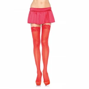 Leg Avenue Red Nylon Tights with Lace Top - One Size, Elegant Finish