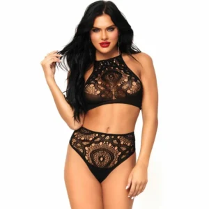Leg Avenue 2-Piece Black Lace Set S/M - Halter Crop Top & High Waist Thong