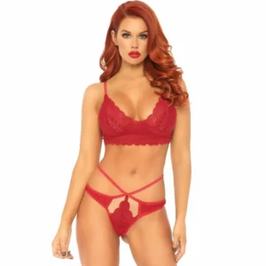 Leg Avenue Lace Bralette & Strappy Thong Set Red M/L