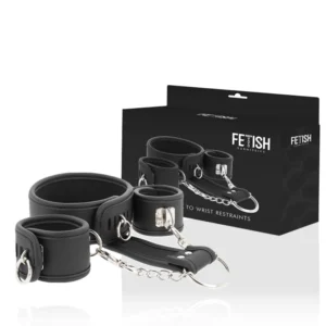 Fetish Submissive Vegan Leather Collar & Wrist Restraint Set, Adjustable