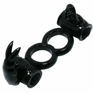 Baile Sweet Ring Double Rabbit Dual Vibrating Silicone Ring Black