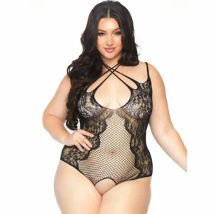 Leg Avenue 1X-2X Black Lace Net Bodysuit with Halter Straps