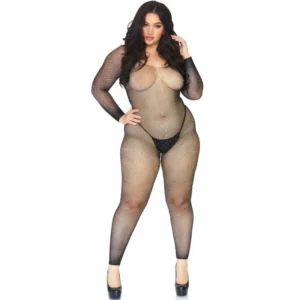 Leg Avenue Bodystocking Black 1X-2X Seamless Fishnet with Crystals