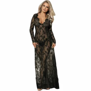 Sublime elegantiška juoda ilga suknelė L/XL – gėlėti nėriniai ir permatomas dizainas