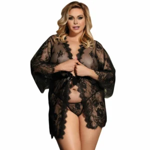 Subblime Queen Plus Black Lace Peignoir su platėjančiomis rankovėmis rinkinys