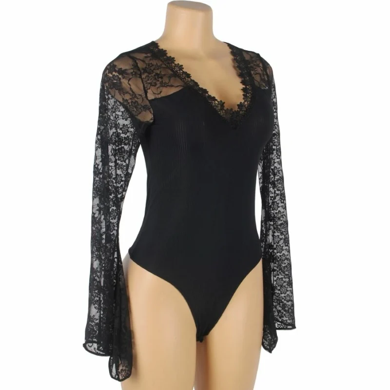 Subblime Teddy Floral Pattern Black Long Sleeve S/M - Elegant Lace Bodysuit