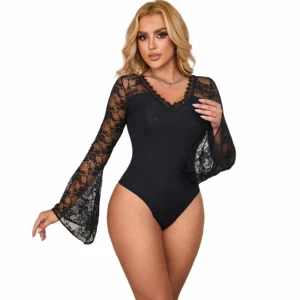 Subblime Teddy Floral Pattern Black Long Sleeve S/M - Elegant Lace Bodysuit