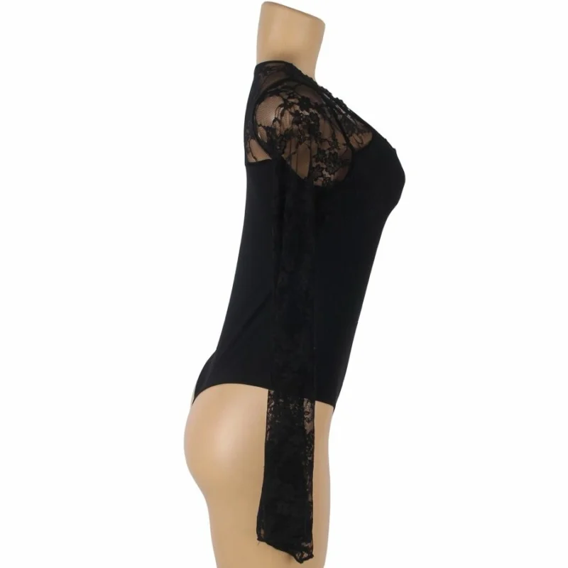 Subblime Teddy Floral Pattern Black Long Sleeve S/M - Elegant Lace Bodysuit
