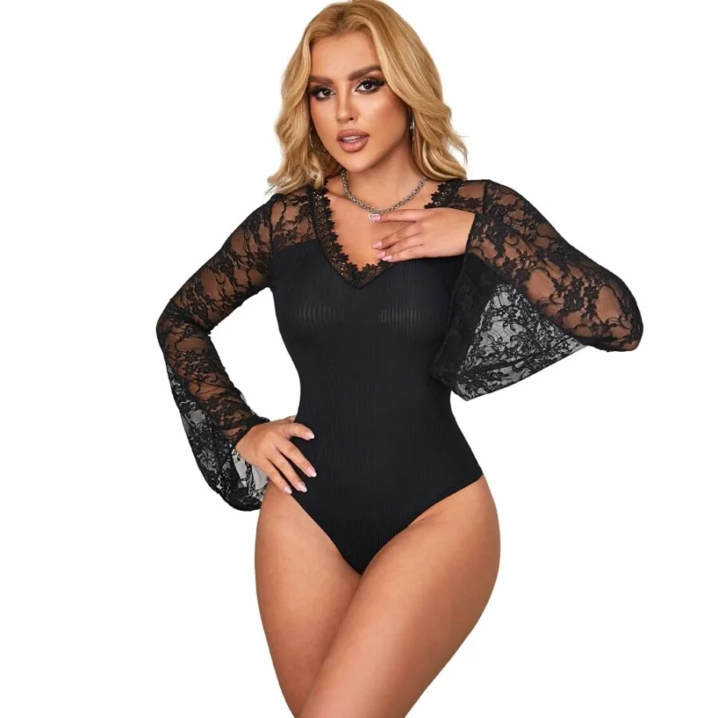 Subblime Teddy Floral Pattern Black Long Sleeve S/M - Elegant Lace Bodysuit