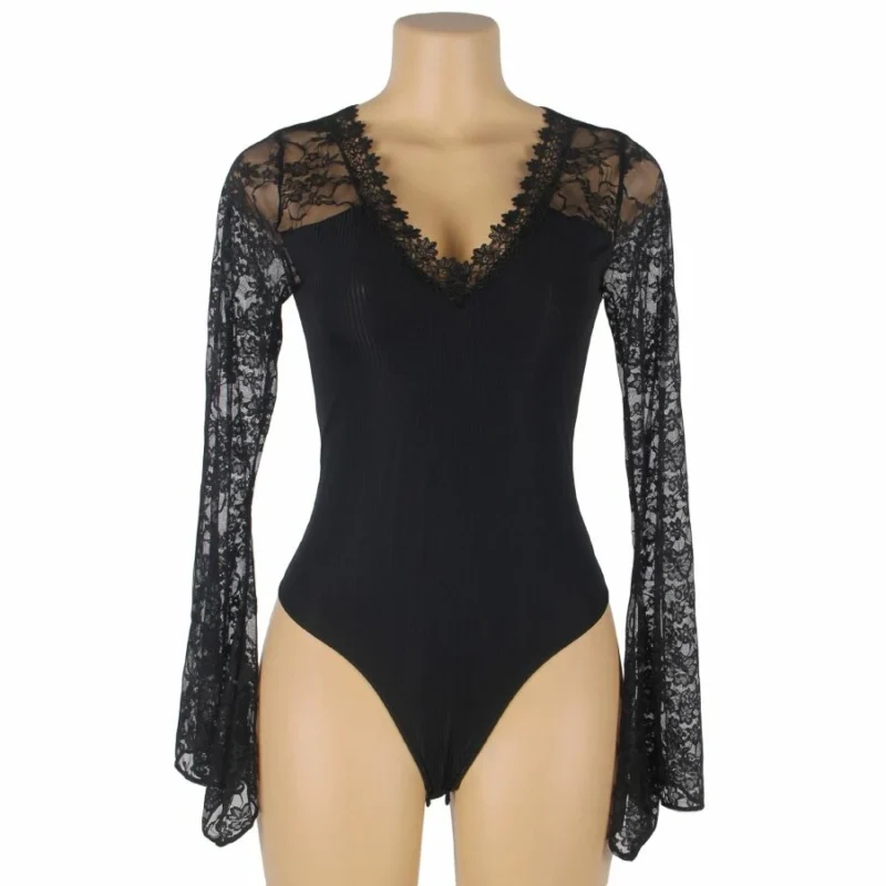 Subblime Teddy Floral Pattern Black Long Sleeve S/M - Elegant Lace Bodysuit