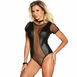 Subblime Fetish Teddy L/XL Black - Short Sleeve Lace Bodysuit