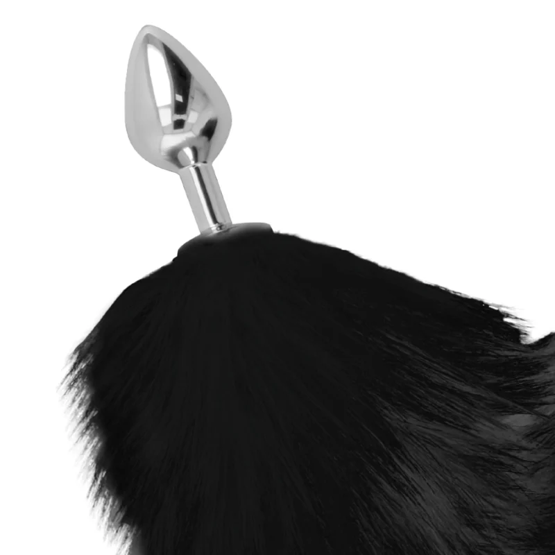 Darkness Silver Intimate Plug 8 cm su juodo dirbtinio kailio uodega