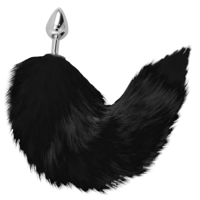 Darkness Silver Intimate Plug 8 cm su juodo dirbtinio kailio uodega