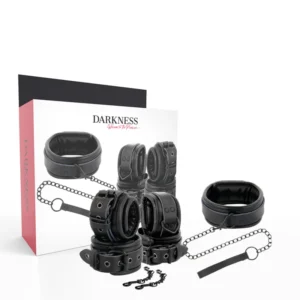 Darkness Black Leather Collar & Handcuff Set with Adjustable Leash
