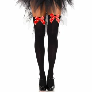 Leg Avenue Black Nylon Thigh Highs with Red Bow One Size - Elegant Hosiery
