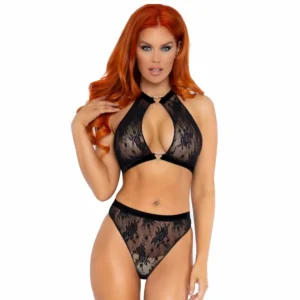 Leg Avenue Set Velvet Trim Lace Halter Top & High Waist Thong Black M/L