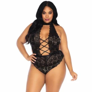 Leg Avenue Plus Size Floral Lace Bodysuit, Black, Open Design