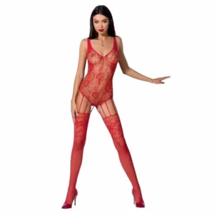 Passion BS074 Bodystocking Elegant Lace, Open Design, One Size, Red