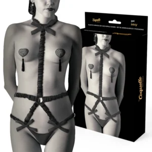 Coquette Chic Desire elastinių diržų rinkinys su spenelių dangteliais juodi
