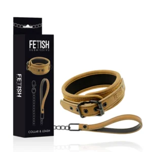 Fetish Submissive Origen Neoprene Collar with Metal Chain, Vegan Leather