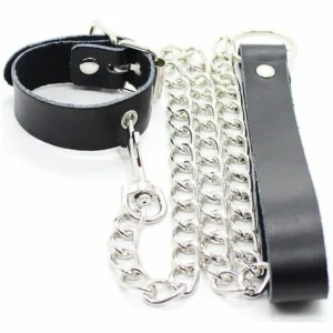 OHMAMA Fetish Leather Collar with Metal Chain and Playful Pendant