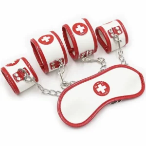 OHMAMA Fetish Mini Set 3-Piece Nurse - Cuffs & Mask Kit, PVC, White/Red