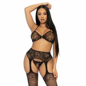 Leg Avenue Three-Piece Black Lace Set with Rhinestone Accents One Size