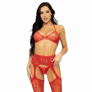 Leg Avenue Three-Piece Lace Lingerie Set with Rhinestones Red One Size