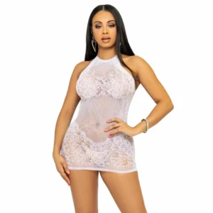 Leg Avenue Rhinestone Halter Mini Dress White - One Size Lace Net Design