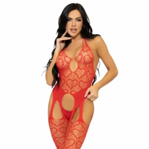 Leg Avenue Bodystocking Red Net Suspender One Size Seamless Design