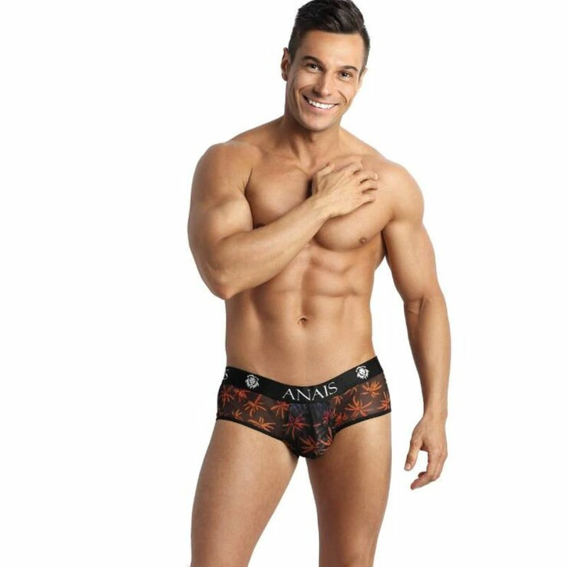 Anais Men Chill Jock Bikini XL - Black Mesh with Palm Print, Open Back