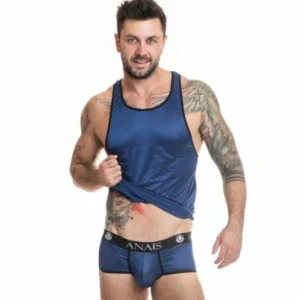 ANAIS MEN Naval Top S Navy Blue Mesh with Satin Stripes