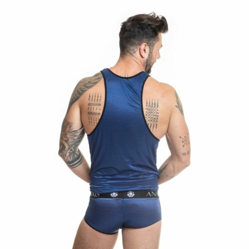ANAIS Men Naval Top L - Navy Blue Mesh, Satin Stripes, Sleeveless