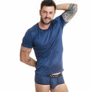Anais Men Naval Navy Blue Tulle T-Shirt S - Vertical Satin Stripes