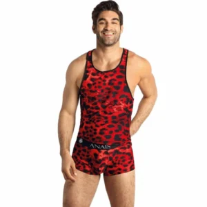 Anais Men Savage Top XL - Red Microfiber, Animal Print, Sleeveless Design