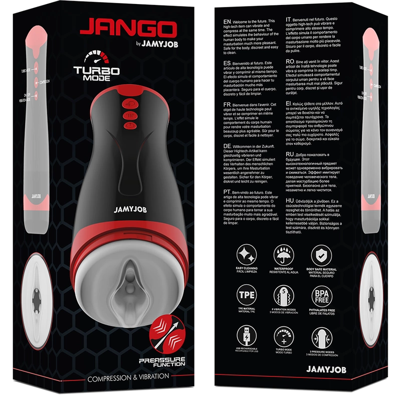 Jamyjob Jango kompresinis ir vibracinis intymus prietaisas, įkraunamas, juodai raudonas