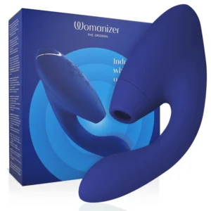 Womanizer Duo 2 Blue – dvigubo veiksmo intymus prietaisas, oro impulsas ir vibracija