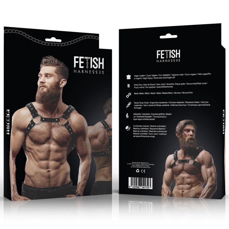 Fetish Submissive Attitude vyriški ekologiškos odos krūtinės diržai su smeigėmis, reguliuojamo dydžio
