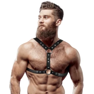 „Fetish Submissive Attitude“ ekologiškos odos krūtinės diržai vyrams, reguliuojami, juodi