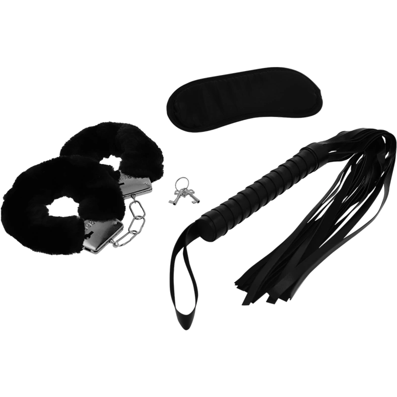 INTENSE FETISH Set with Handcuffs, Blindfold & Flogger - Vegan Leather