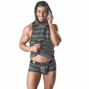 Anais Men Aegis Hooded T-Shirt M Grey Checked Pattern, Fitted Style