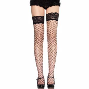 Leg Avenue Model 9011 Fishnet Thigh-High Stockings with Black Lace Top, Black, One Size