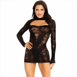 Leg Avenue Mini Dress Lace Long Sleeve Black - Elegant One Size Design