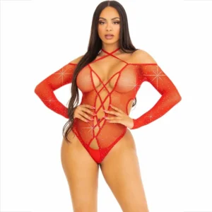 Leg Avenue Bodysuit Red Gloss Rhinestone Fishnet One Size
