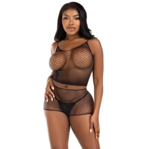 Leg Avenue Fishnet Set Black - Breathable Tank Top & Shorts, One Size