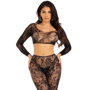 Leg Avenue Chantilly Lace Crop Top & Footless Tights Set, One Size, Black