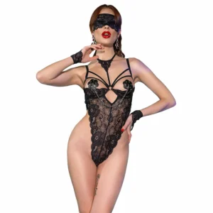 Chilirose CR 4488 Lace Bodysuit Set Black L/XL with Mask & Gloves