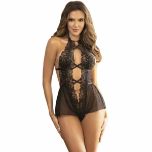 Sublime Lace Teddy Halter Neck L/XL Black – elegantiškas dizainas be nugaros